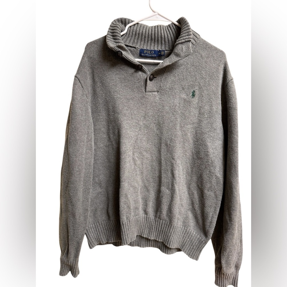 Polo Ralph Lauren Men’s 100% Cotton Sweater L Gray Quarter Button Pullover Knit